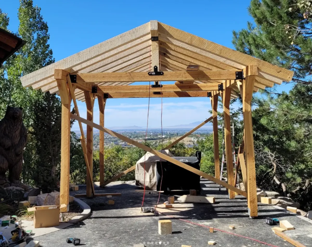 Framed outdoor structure viewed from the front by Frame Platinum LLC